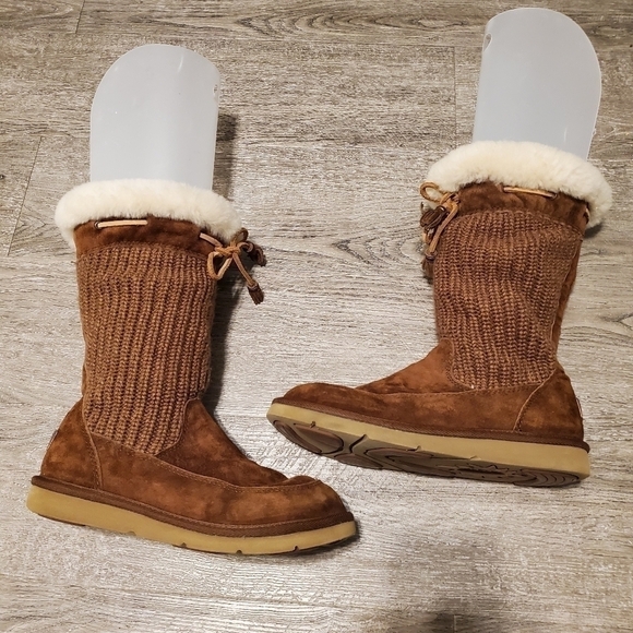 Ugg Suburb Chocolate Brown Suede Leather Shearling Crochet Boots Woman's 7 - Picture 4 of 13